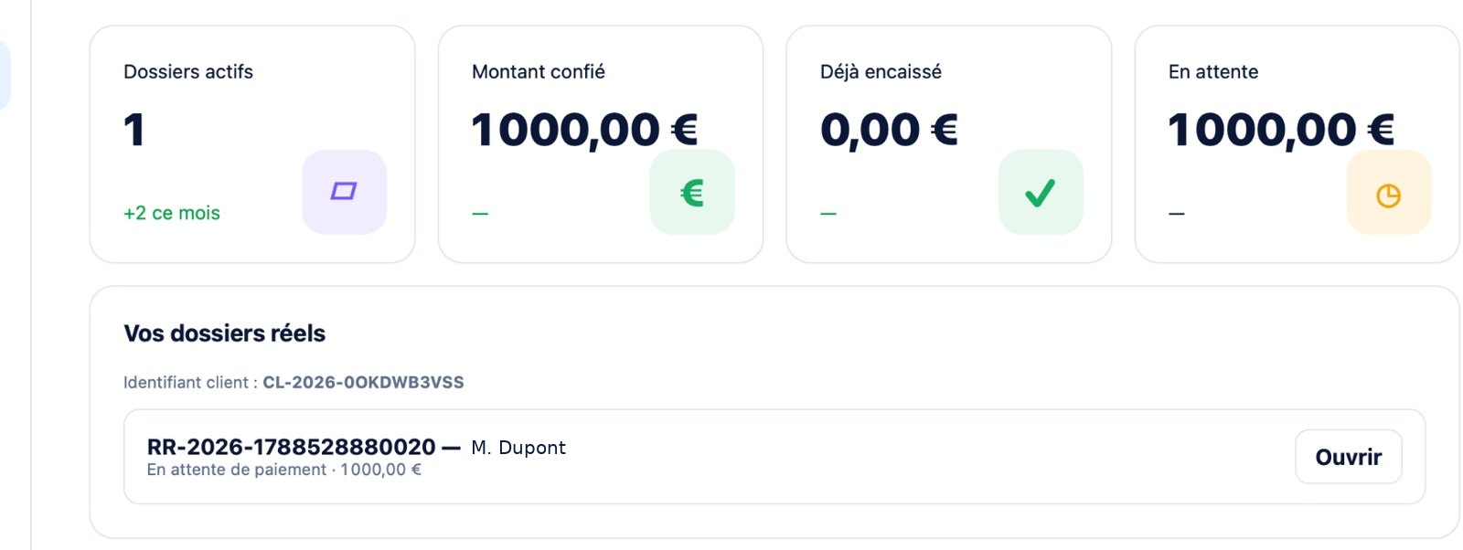 Aperçu de l'espace client RR ONE avec tableau de bord et dossier réel
